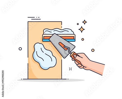 Wall replastering process showing a hand holding a trowel spreading fresh plaster over a slightly uneven surface as a small sparkle icon suggests smooth