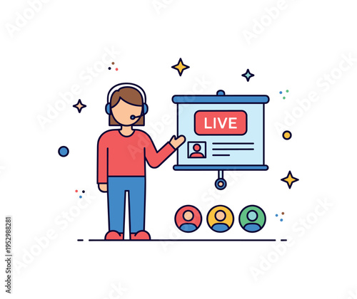 Live webinar broadcast person standing beside small presentation screen with Live label and viewer icons below, conveying online events and remote