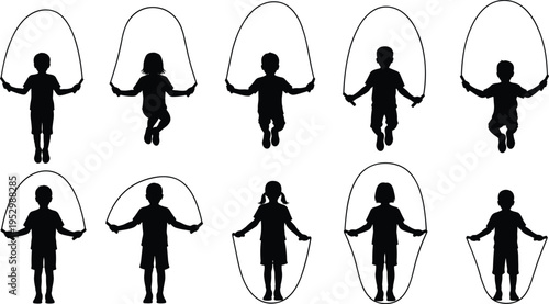 Kids Jump Rope Silhouette Collection with Skipping Children Figures, Active Play Illustrations for Fitness, Playground Activities, Sports Training, and Healthy Lifestyle Design