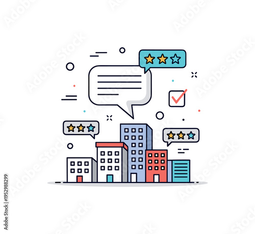 Community feedback integration featuring a speech bubble hovering above simple buildings with small rating stars and data ticks, expressing participatory