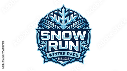Dynamic winter sports event logo featuring snowflake motifs for a snow run race celebrating winter started in 2024 with icy