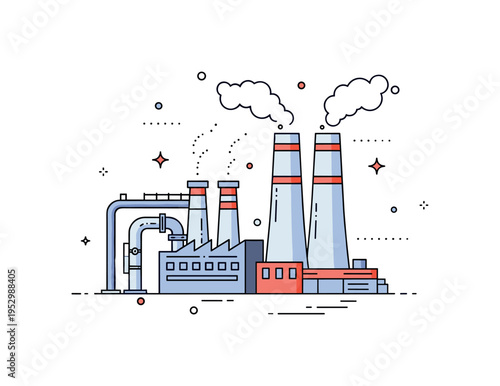 Factory power station with control pipes and twin smoke stacks representing mechanical complexity and industrial operations. Subtle dotted accents suggest