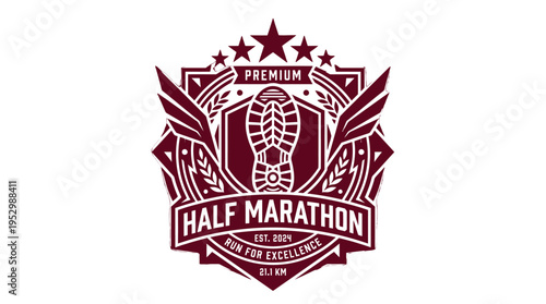 Dynamic logo design celebrating a premium half marathon race emphasizing excellence and endurance with detailed emblem and bold