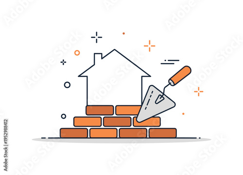 Bricks and trowel home building symbol featuring a simple house outline rising from a base of aligned bricks with a trowel placed diagonally across. The