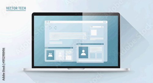Flat design style illustration of a laptop computer with an on-screen web application layout, symbolizing digital connectivity, software development, and modern technology