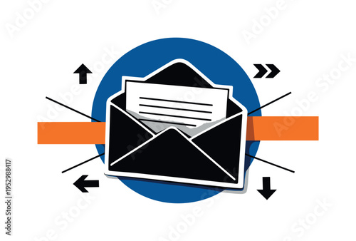 Black-and-white retro envelope slightly open with a visible letter inside as the central object, cut-out effect with subtle white outline, bold deep blue