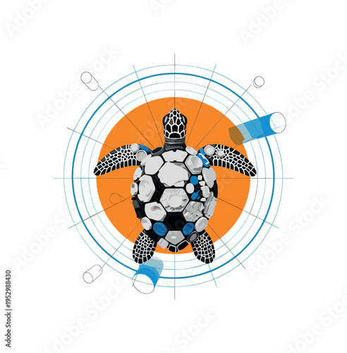 Black and white sea turtle sculpture constructed from upcycled plastic debris pieces, bright orange circular backdrop behind the shell and blue concentric arcs