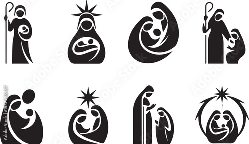 Nativity scene silhouette set featuring holy family figures with baby joseph and mary for christmas holiday decoration and card design