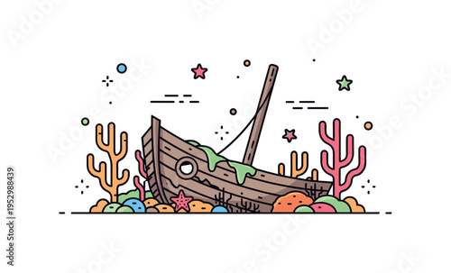 Coral reef shipwreck half buried wooden boat surrounded by coral branches and tiny starfish, representing nature reclaiming human artifacts underwater.