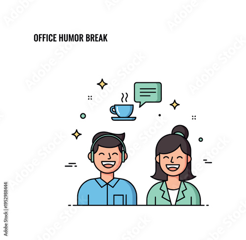 Office humor break two coworkers laughing beside a small coffee cup and chat icon, conveying lighthearted teamwork and positive workplace atmosphere.