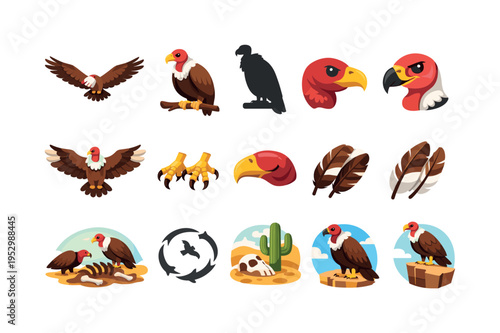 Vultures. Colorful flat vector icons set of vultures: soaring vulture, perched vulture, vulture silhouette, vulture head, wings spread, vulture talons, curved