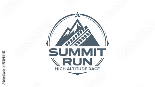 Dynamic high-altitude mountain race branding with robust logo featuring peaks and path elements