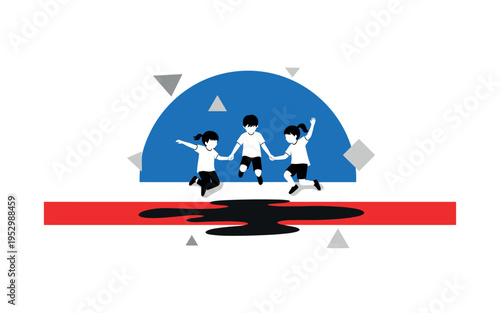 Black and white three children holding hands jumping simultaneously over elongated puddle shape, bright red horizontal bar beneath puddle symbolizing ground,