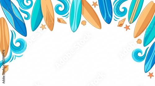 Surfing Themed Border with Surfboards Waves and Shells