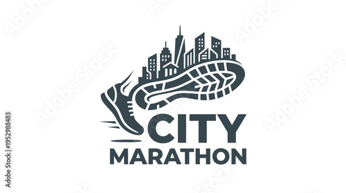 City Marathon Logo with Urban Skyline and Running Shoe Illustrating Urban Athletic Event