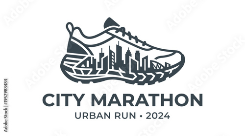Dynamic city marathon logo featuring a running shoe with an urban skyline for 2024 event promoting health and community
