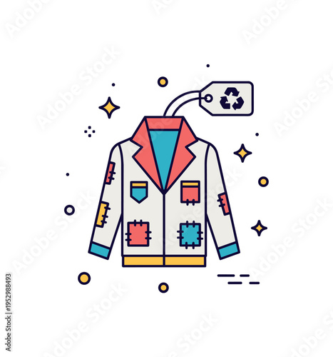Upcycled fashion concept featuring a stylish jacket with visible patchwork details and a small recycling arrow tag, expressing creativity and sustainable