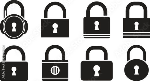Padlock Icon Set with Secure Lock and Unlock Symbols, Modern Security Protection Illustrations for Privacy, Data Safety, Cybersecurity, and Access Control Design Use