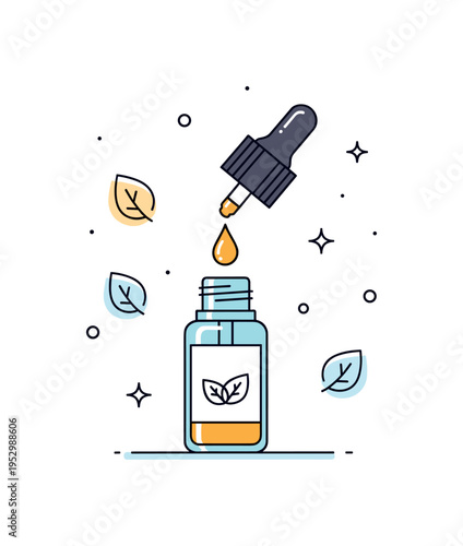 Plant based facial serum elegant dropper bottle releasing a single golden drop with subtle leaf icons around, conveying nourishment and concentrated natural