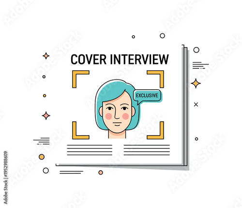 Exclusive interview cover page concept built around a magazine frame with a central face silhouette and a small speech bubble detail labeled Exclusive,