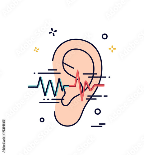 Audio signal recognition illustrated by a simplified ear with digital waveform lines passing through it, expressing modern technology and sound processing.