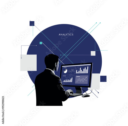 monochrome researcher silhouette observing computer screen with data charts, deep indigo circle behind figure, abstract flat blocks and thin intersecting lines