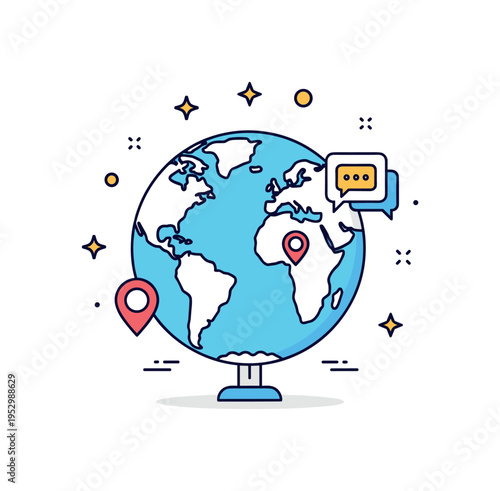 Localized campaigns cultural adaptation concept centered on a globe with one highlighted region and small speech bubble icon, representing customized messaging