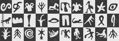 Abstract petroglyphs and prehistoric animal doodle sketch charcoal style. Primitive cave painting elements for ethnic postcard prints. Tribal vector illustrations for nomadic scrapbook sticker set.