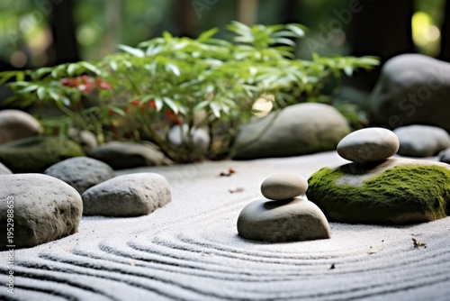 A serene garden featuring rocks and a beautiful plant. Perfect for adding a touch of nature to any project