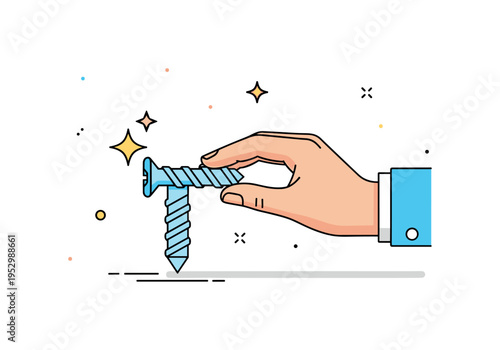 Quick fix solution hand finishing the final twist of a screw with subtle star accent nearby, conveying satisfaction and task completion. Minimalist flat vector