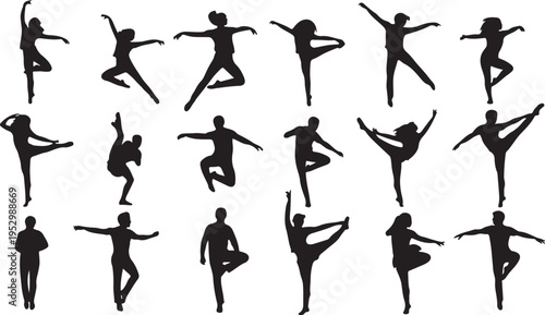 Collection of various dance poses in black silhouette