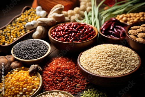 A collection of various types of food displayed in bowls. Perfect for food bloggers, restaurant menus, or recipe websites