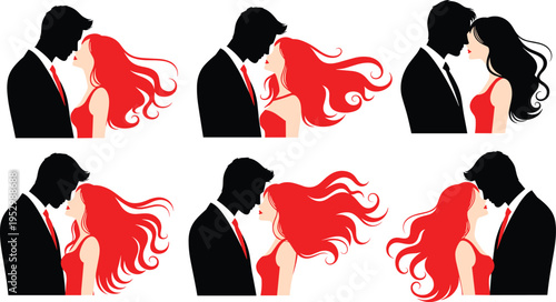 Romantic Couple Silhouette Vector Set with Flowing Hair and Elegant Love Scenes, Stylish Man and Woman Illustrations for Wedding, Valentine, and Relationship Designs