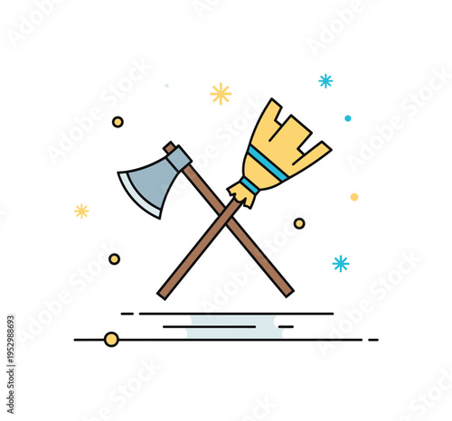 Oprichnina era symbol with a simplified medieval axe and broom crossed in a compact composition, referencing authority and sweeping power during a turbulent