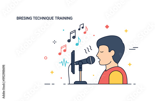 Singing technique training featuring a vocalist facing a studio microphone with small breath wave lines and scale notes rising upward symbolizing vocal control