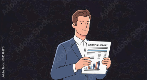 Business man in suit holding financial report with charts and graphs, analyzing business data for strategic planning and decision making