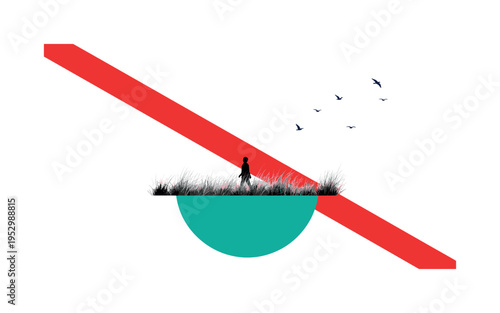 Black and white person walking through tall grass, vivid teal half circle supporting the lower composition, bright red diagonal stripe cutting across the sky