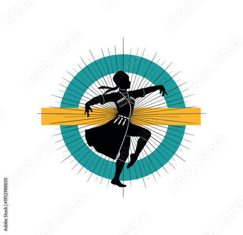 black and white cultural dance movement captured mid-step, framed by bold red circular backdrop and deep black abstract bars, thin dynamic lines suggesting