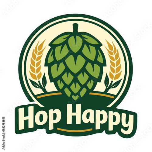 Vibrant logo design featuring a stylized hop cone surrounded by wheat stalks for craft beer branding