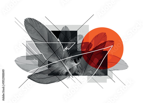 black and white macro detail of spice grains falling into transparent jar, intersected by large orange circle and fine black diagonal lines, abstract geometric