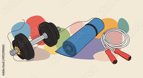 A collection of fitness equipment including dumbbells, a yoga mat, and jump rope in a modern, flat style