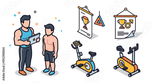 Two fitness trainers discussing workout plans with a variety of gym equipment and motivational posters in a modern, flat style