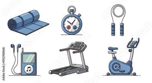 A collection of fitness equipment including a yoga mat, stopwatch, skipping rope, treadmill, and exercise bike in a flat design style
