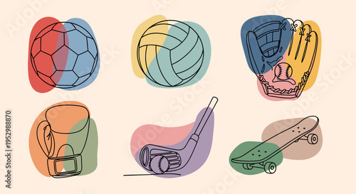 A colorful collection of sports equipment illustrations including a soccer ball, volleyball, baseball glove, hockey stick, and skateboard in a modern style