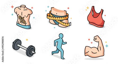 A colorful collection of fitness-themed icons featuring a torso, weights, and exercise figures in a modern flat style