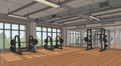 A spacious gym interior featuring multiple weightlifting stations with large windows and natural light, illustrated in a modern flat style