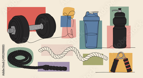 A colorful collection of fitness equipment including dumbbells, water bottles, resistance bands, and a jump rope in a modern flat style