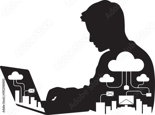 Silhouette of man using laptop computer with cloud computing and network icons representing data flow and technology concepts