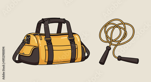A yellow gym bag and a jump rope illustrated in a flat style, perfect for fitness and exercise themes