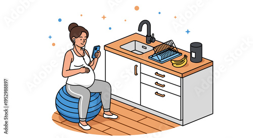 A pregnant woman sitting on an exercise ball, listening to music in a modern kitchen setting
